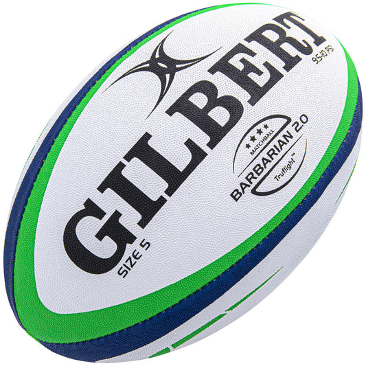 Gilbert Barbarian 2.0 Match Rugby Ball - Size 5 - White/Blue/Green