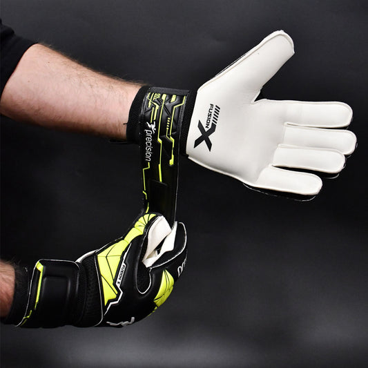 Precision Training Fusion X Flat Cut Finger Protect Goalkeeper Gloves - Adult - Black/Yellow/White