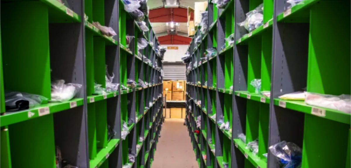 Shelving aisles in the McKvr warehouse