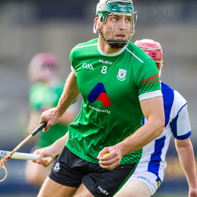 Lucan Sarsfields hurler in a McKvr jersey