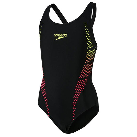 Speedo Plastisol Placement Muscleback Swimsuit - Girls - Black/Fluo Yellow/Lava Red