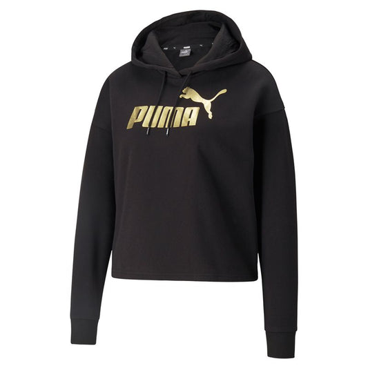 Puma Essentials Cropped Metallic Logo Fleece Hoodie - Womens - Black/Gold