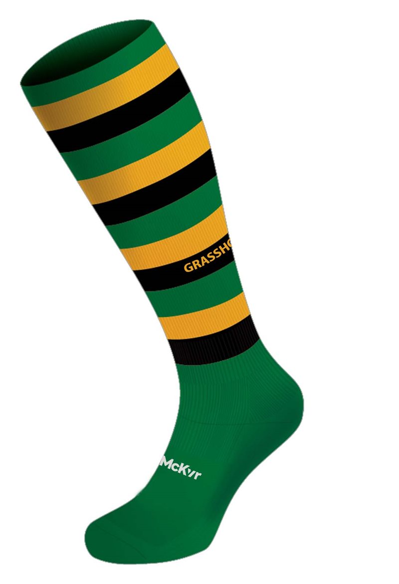 Mc Keever Grasshoppers Hooped Long Socks - Youth - Green/Yellow/Black