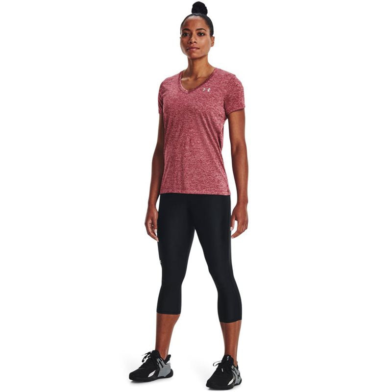 Under Armour Tech Twist V Neck Training Tee - Womens - Black Rose/Pink Sands/Metallic Silver