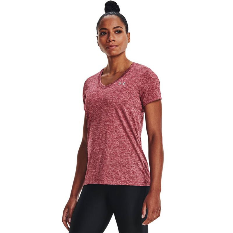 Under Armour Tech Twist V Neck Training Tee - Womens - Black Rose/Pink Sands/Metallic Silver