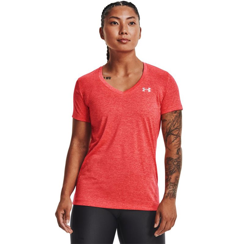 Under Armour Tech Twist V Neck Training Tee - Womens - Elecrtic Tangerine/Metallic Silver