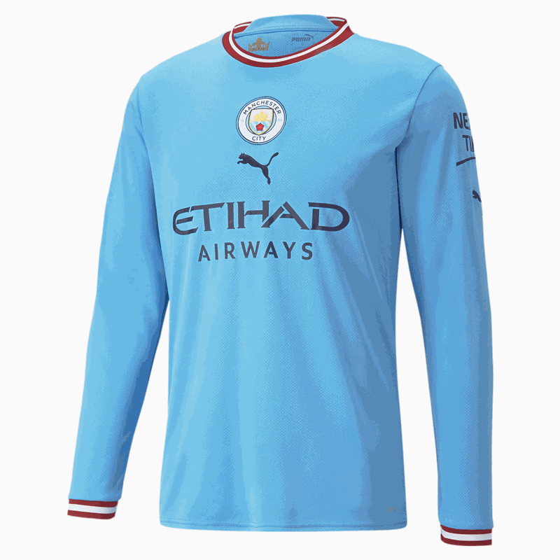 Puma Manchester City FC 2022/23 Official Long Sleeve Home Jersey - Adult - Light Blue/Intense Red