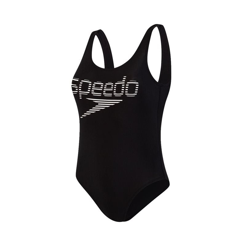 Speedo Stripe Logo Deep U Back 1 Piece Swimsuit - Womens - Black/White