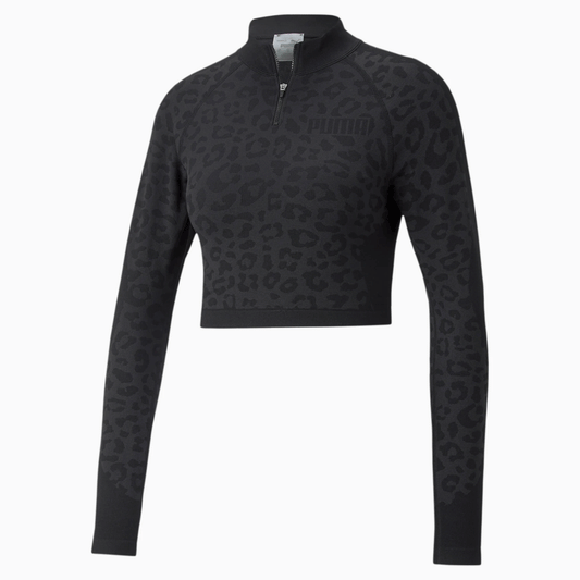 Puma FormKnit Seamless Cropped 1/4 Zip Top - Womens - Black/Leopard Print